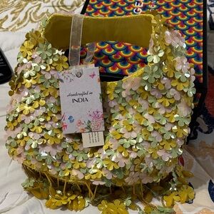 Source Unknown Yellow Sequin Floral Shoulder Bag with Pastel Accents